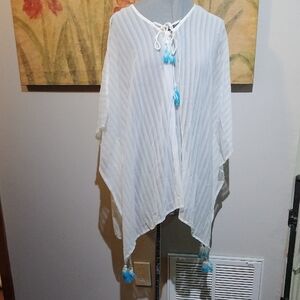 Cajon White Sheer Poncho/Cover Up with Blue Tassels. 31AZ3